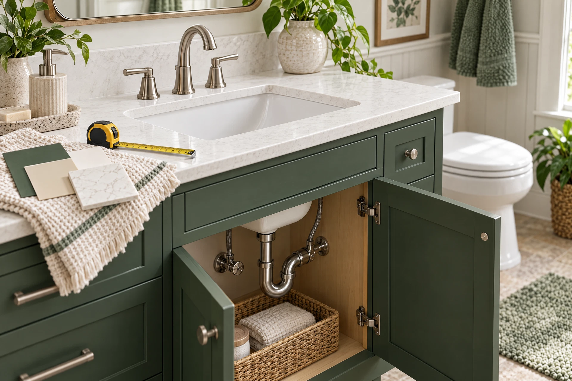 Bathroom remodel fixture planning scene with a brushed nickel faucet, white sink, measuring tools, finish samples, and visible vanity plumbing connections.