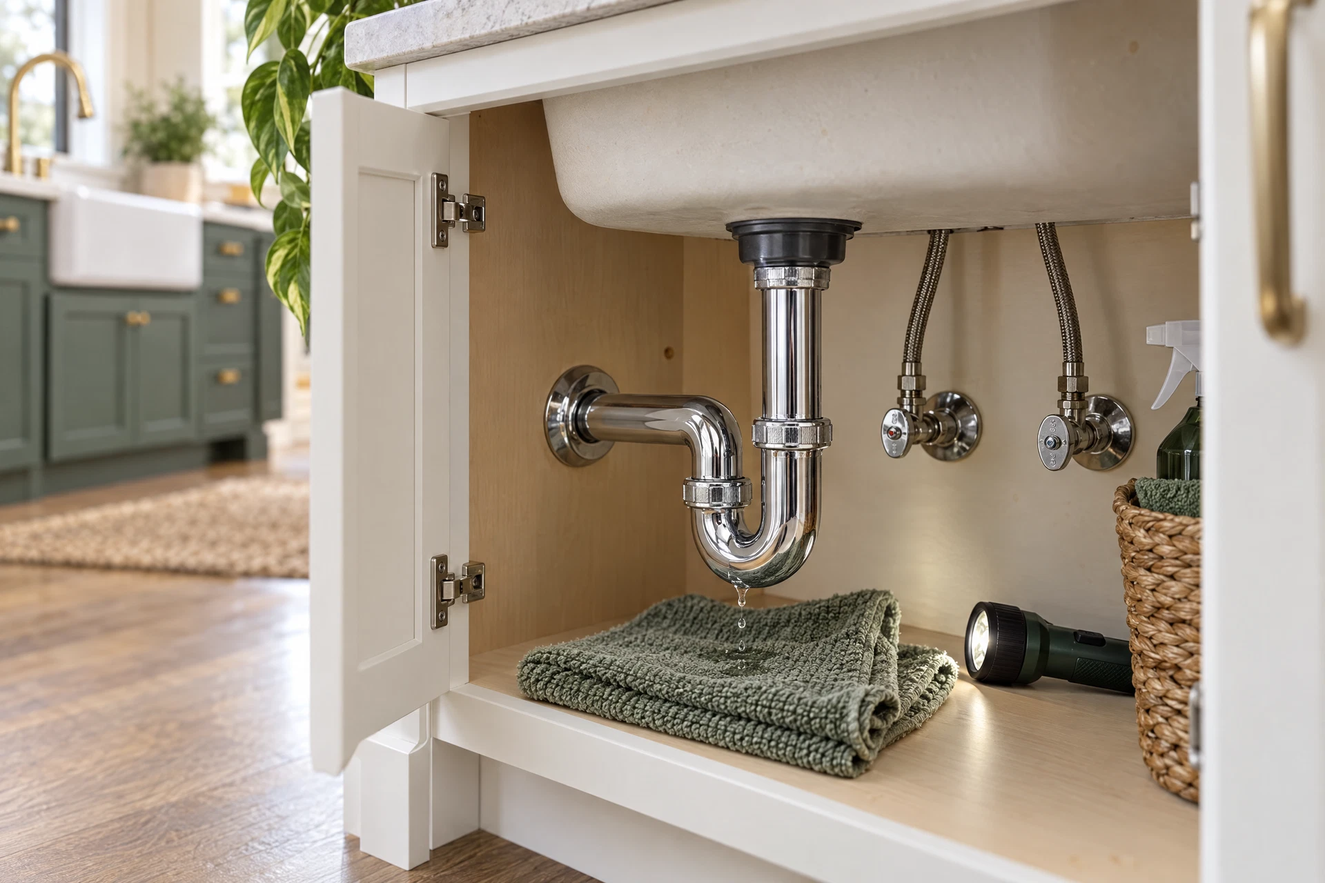 Photorealistic close view of a kitchen sink cabinet inspection, with a chrome P-trap, a small damp slip-joint connection, shutoff valve, folded towel, and flashlight showing an early plumbing warning sign.