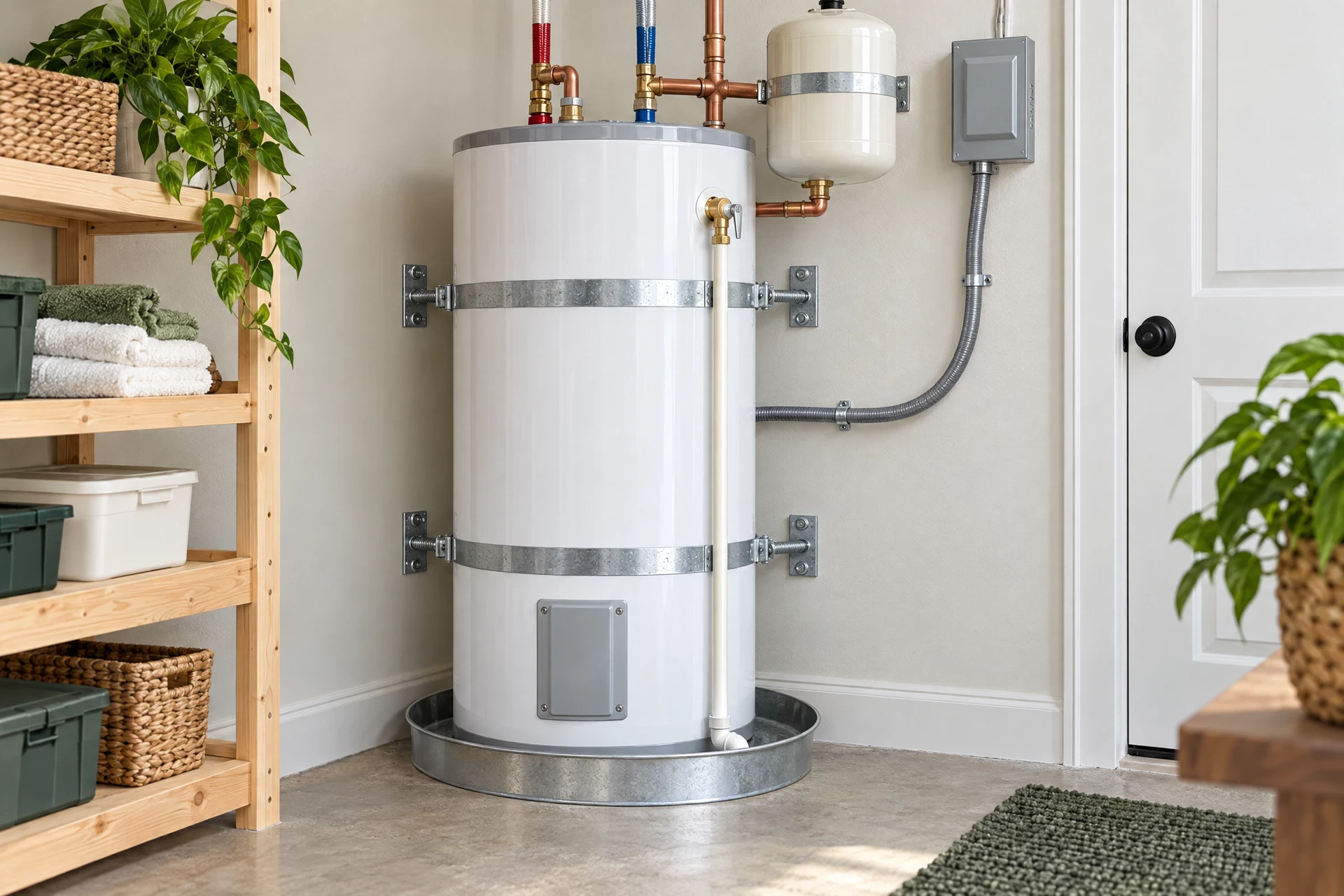 Photorealistic utility-room evaluation scene showing a new electric water heater in a drain pan with seismic straps, expansion tank, relief discharge, and safe connected plumbing.